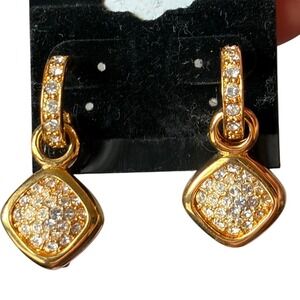 NEW Joan Rivers Gold Tone Pave Crystal Square Drop Hoop Earrings Vintage Style